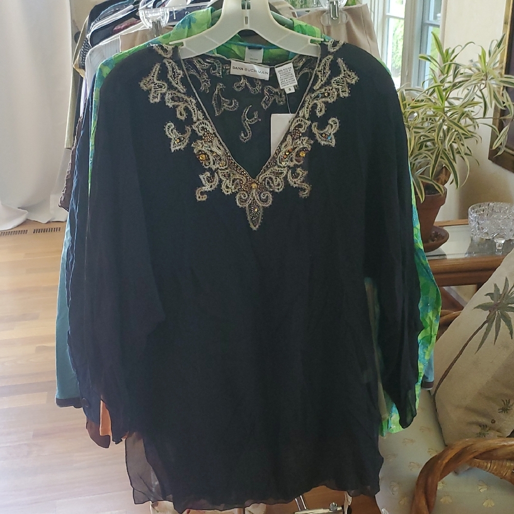 Dana Buchman Black Blouse with Gold Embroidery